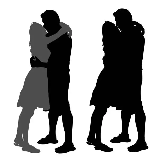 Vector illustration of Vector silhouettes of a couple in love, a guy and a girl are hugging each other, kissing a man and a woman isolated on white background, two options, for the design of cards for Valentine's Day.