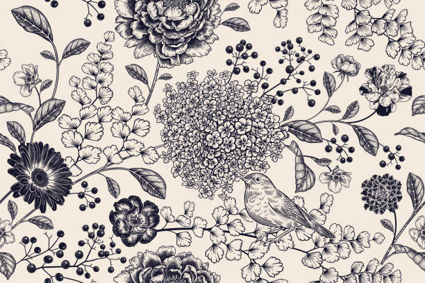 illustrazioni stock, clip art, cartoni animati e icone di tendenza di uccello sui rami di un albero. motivo senza cuciture in bianco e nero. vettore. - rose pattern victorian style seamless