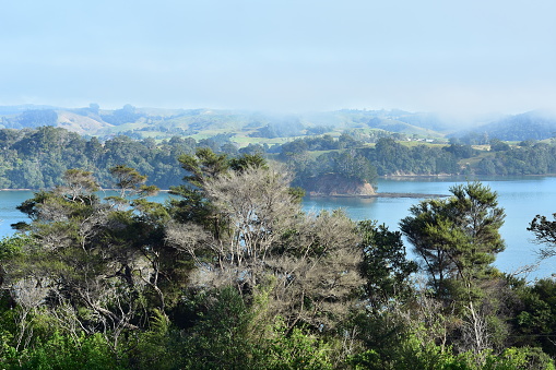 Morning mist disappearing from above calm waters of Mahurangi Harbour growing in bays along harbour bays.