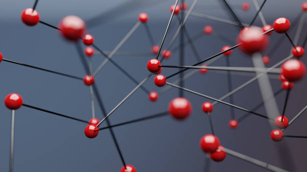 istock Red spheres on blue background, concept of network 1304659462