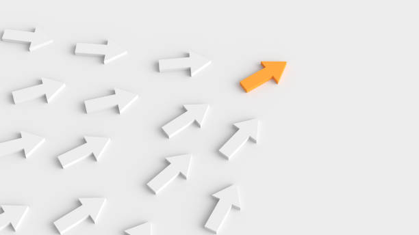 istock Leadership concept, orange leader arrow leading white arrows, on white background with empty copy space on right side 1304659545