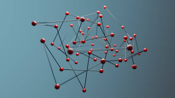 istock Red spheres on blue background, concept of network 1304659720