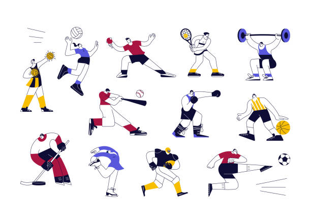 illustrazioni stock, clip art, cartoni animati e icone di tendenza di set di atleti di sesso maschile e femminile - sporting position illustrations