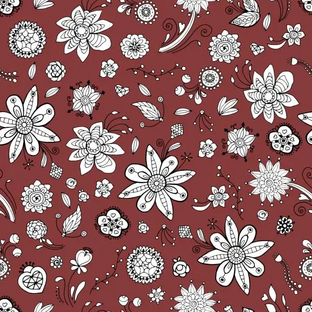 Vector illustration of Hand-drawn floral pattern in ethnic style. White flowers on a dark background.