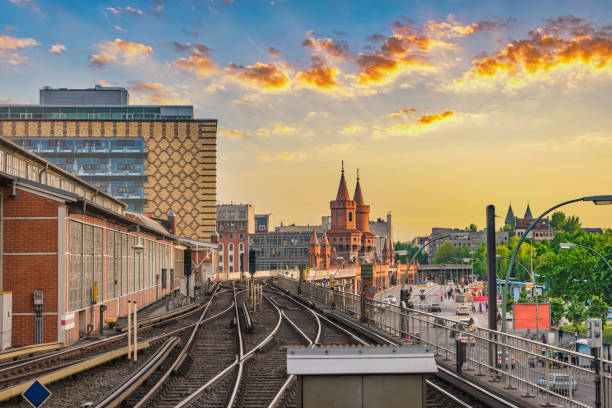 istock Berlin Germany, sunset city skyline at Oberbaum Bridge and Berlin Metro 1304662865