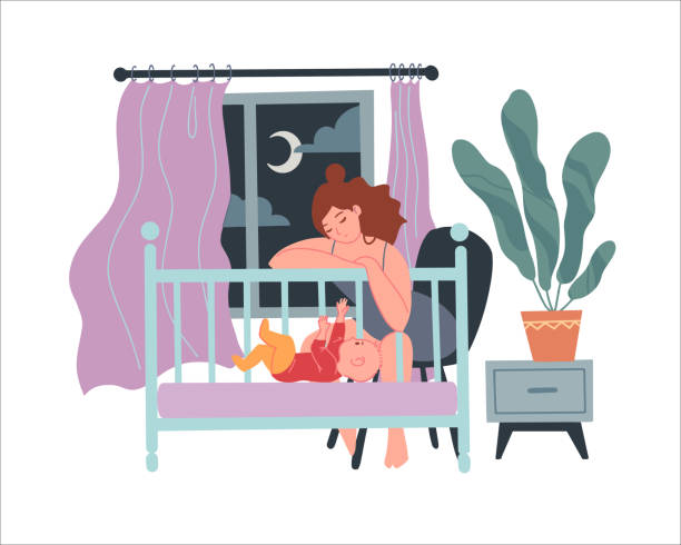 Tired sleepy mom rocks the baby in the cradle. concept of postpartum depression and difficulties of motherhood. Flat vector illustration. Isolated on white. Sleepless nights with a child Vector illustration isolated on white background. crying baby cartoon stock illustrations