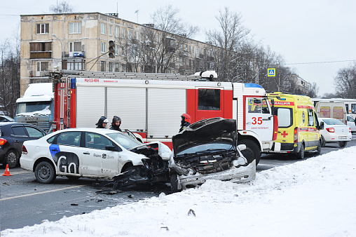 Saint- Petersburg, Russia - February 6, 2021: car accident involving a taxi in St. Petersburg