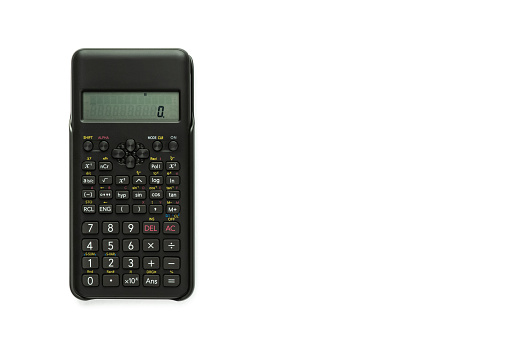 black scientific calculator on white background. suitable for science and mathematic education concepts