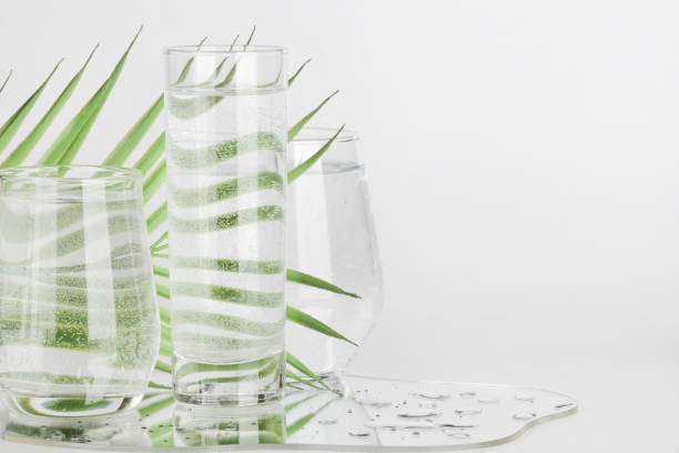 istock palm leaf distorted through water in glasses with mirror on white background. pure water , relax , surreal ,eco-friendly home concept. copy space. 1304666064