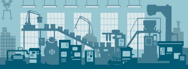 ilustraciones, imágenes clip art, dibujos animados e iconos de stock de máquinas herramienta industriales en la fábrica del fabricante de la línea de producción - herramientas de fabricación