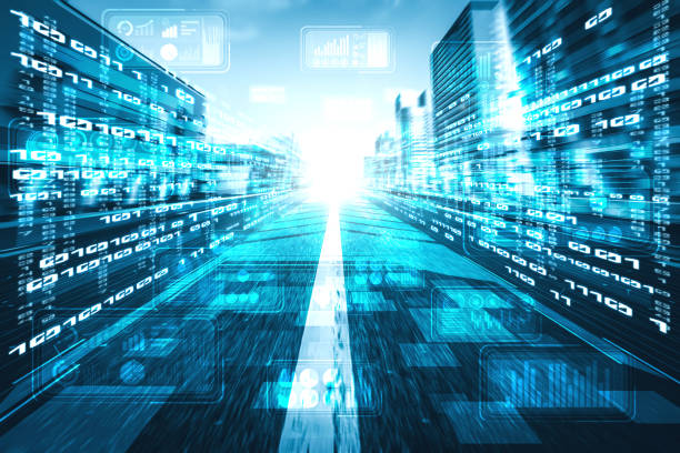 istock Digital data flow on road with motion blur to create vision of fast speed transfer 1304666629