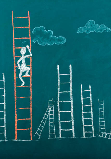 istock Stick Figure Climbing Ladder To Success. 1304669172