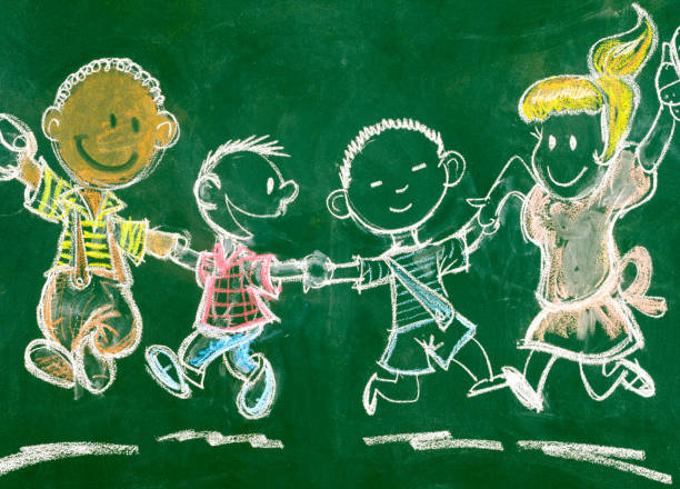 Three happy cool kids ink drawing