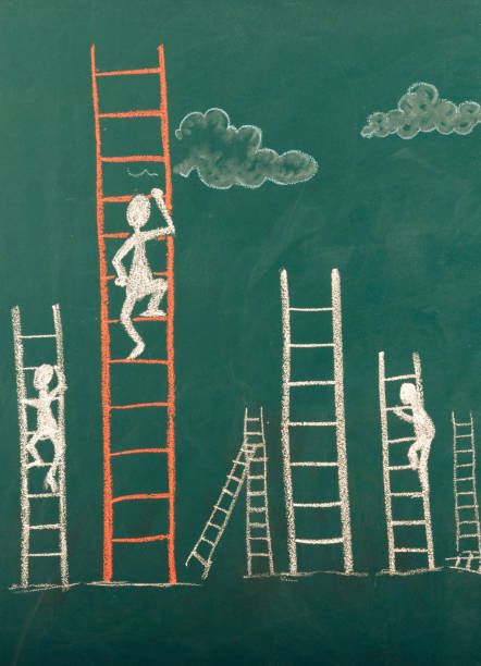 istock Stick Figure Climbing Ladder To Success. 1304669177