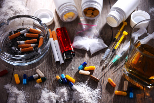 Addictive substances, including alcohol, cigarettes and drugs Addictive substances, including alcohol, cigarettes and drugs. drug abuse stock pictures, royalty-free photos & images