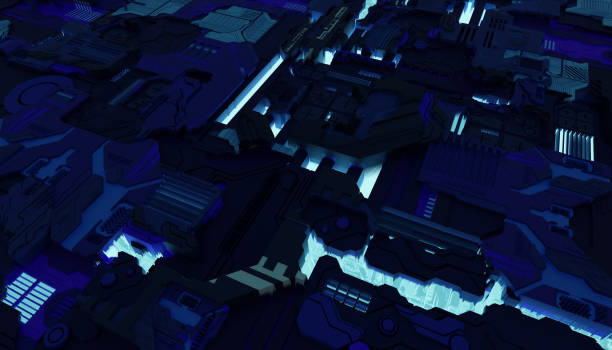 istock Sci-Fi background in form of an angle view into some cyber space surface backlit by blue light. 3D Rendering 1304669519
