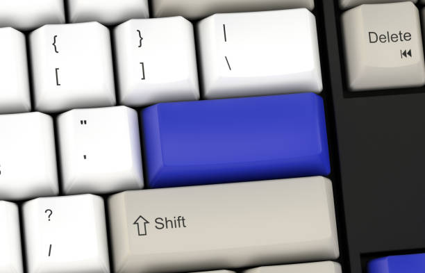 istock Blue enter PC keyboard key. Empty and ready for your imagination. Mock up of computer key. 3D Rendering 1304669603