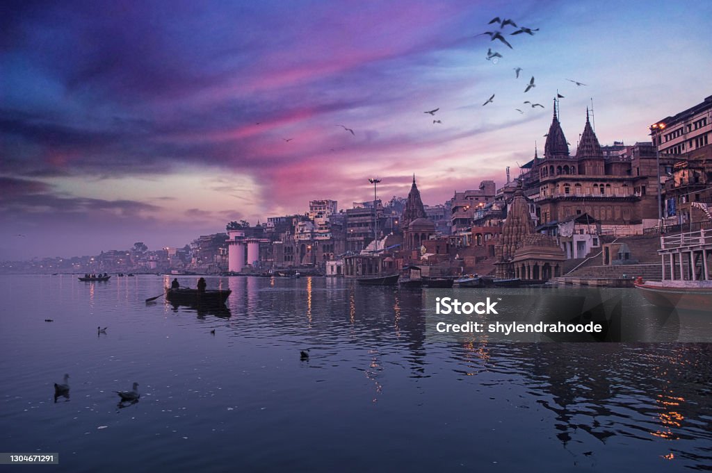 Varanasi Varanasi's beautiful landscape on river Ganges whit colorful sky Varanasi Stock Photo