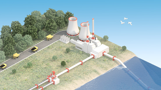 transportation of coal from mine to nuclear power plant. 3d rendering