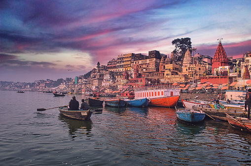 Varanasi's beautiful landscape on river Ganges whit colorful sky