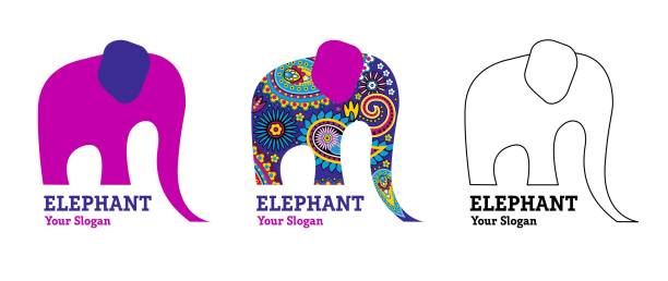 Abstract vector elephant with indian patterns. Template for creating a logo, emblems. monograms. In three color solutions. Abstract vector elephant with indian patterns. Template for creating a logo, emblems. monograms. In three color solutions elephant symbols stock illustrations