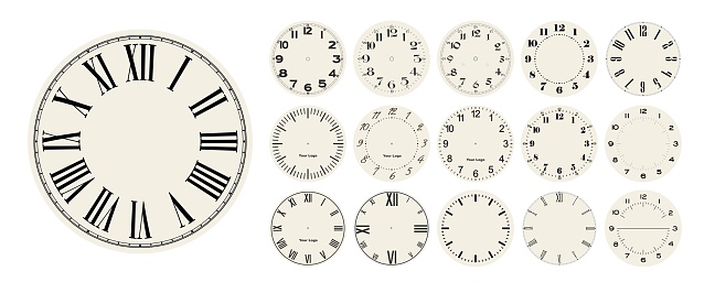 Big set of vector clock faces, watch dials in different styles for watch clock design.