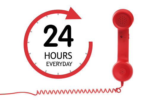 24/7 hotline service. Red handset on white background