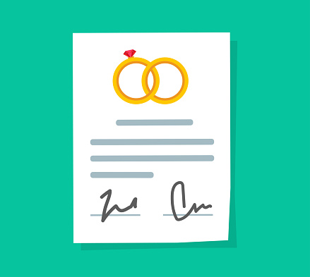 Marriage contract or prenuptial agreement legal document vector flat cartoon icon, prenup wedding certificate with signatures image