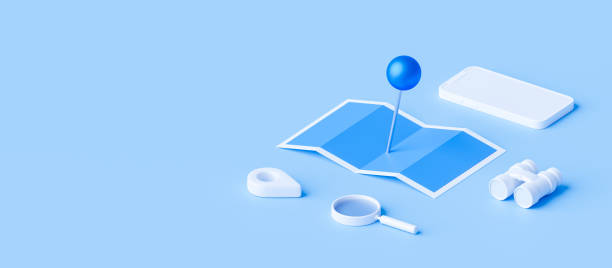 istock Isometric of map and location pin or navigation icon sign on blue background with search concept. 3D rendering. 1304677391