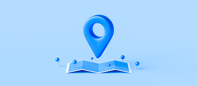 La marca localizadora del mapa y el pin de ubicación o el icono de navegación firman en fondo azul con el concepto de búsqueda. Renderizado 3D. photo