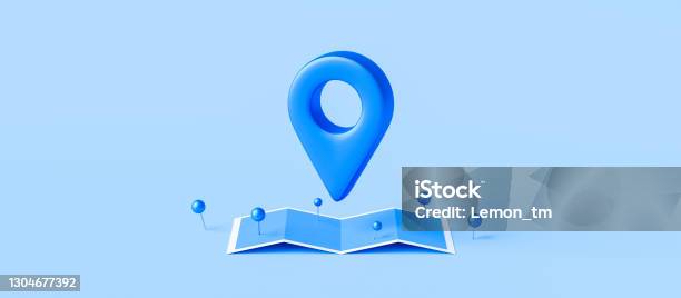 Locator Mark Of Map And Location Pin Or Navigation Icon Sign On Blue Background With Search Concept 3d Rendering Stock Photo - Download Image Now