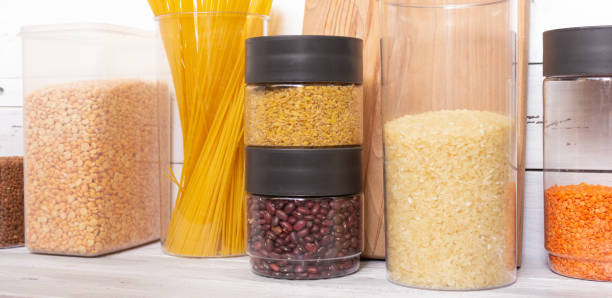 istock Zero-waste storeroom. Breakfast items, preserved in a resealable plastic jars, cereals, pasta. Banks can be filled several times with bulk products. Plastic. 1304679103