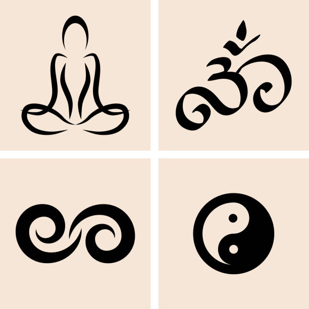 ilustraciones, imágenes clip art, dibujos animados e iconos de stock de símbolos de yoga. elemento de diseño oriental. icono de conjunto dibujado a mano. ilustración del stock vectorial doodle. eps 10 - om symbol