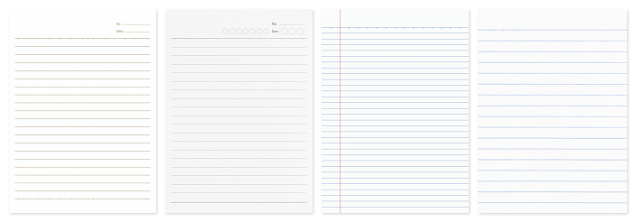 Collection of sheets from notebooks isolated white background with clipping path