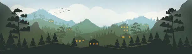 Vector illustration of Village in mountains