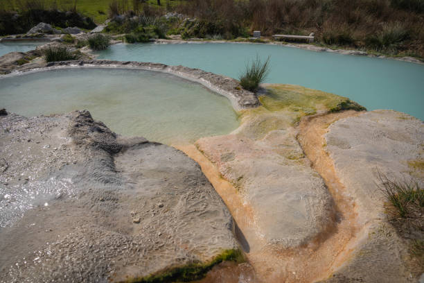 pools with hot thermal water in carletti, italy - waterfall health spa man made landscape imagens e fotografias de stock