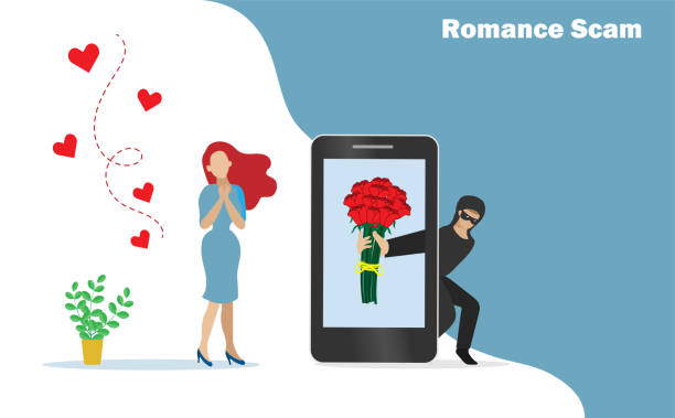 로맨스 사기, 데이트 사기, 사이버 범죄, 해킹, 피싱 및 금융 보안 개념. 해커, 여자와 채팅 하고 스마트 폰에 장미 꽃을 보내는 온라인 - internet dating illustrations stock illustrations