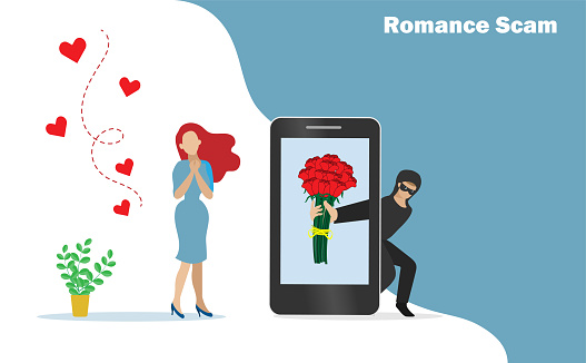 Romance scam, dating scam, cyber crime, hacking, phishing and financial security concept. Hacker,scammer online chatting with woman and sending rose flowers on smartphone screen.