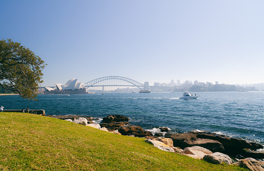 The magnificent cityscape of Sydney Harbour as seen from the grassy promontory of Mrs Macquarie's Chair.