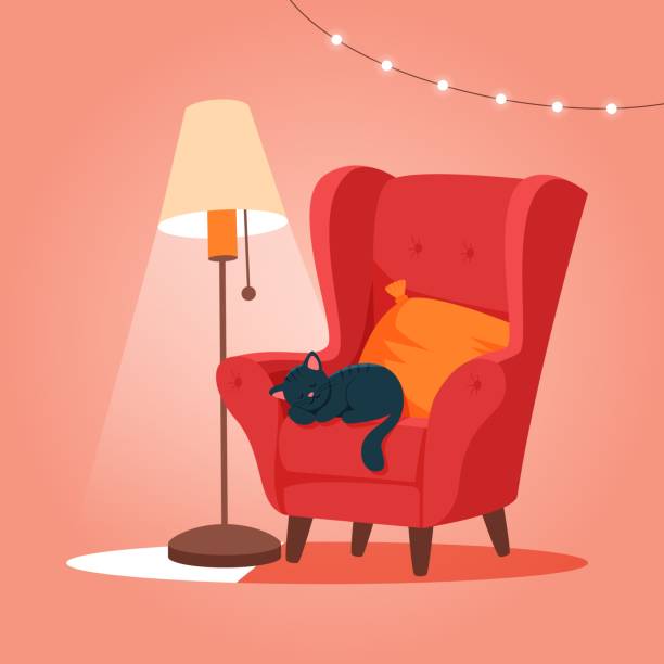 illustrations, cliparts, dessins animés et icônes de fauteuil confortable avec le chat dormant. illustration mignonne de vecteur - fauteuil