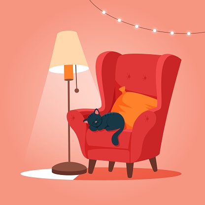 Cozy armchair with cat sleeping. Cute vector illustration