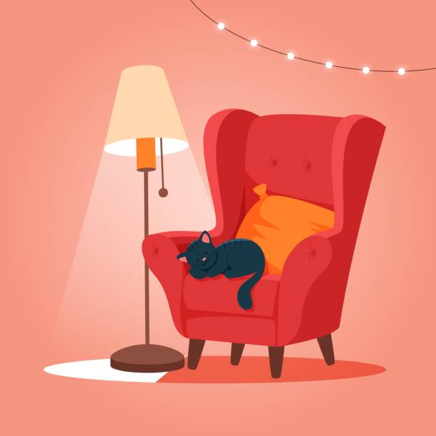 Cozy armchair with cat sleeping. Cute vector illustration Cute vector illustration in flat style armchair stock illustrations