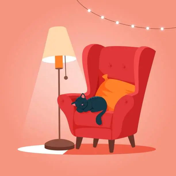 Vector illustration of Cozy armchair with cat sleeping. Cute vector illustration