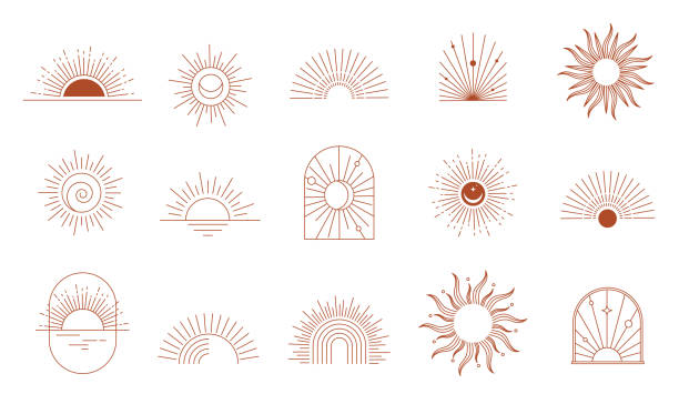 ilustraciones, imágenes clip art, dibujos animados e iconos de stock de logotipos lineales bohemios, iconos y símbolos, sol, arco, plantillas de diseño de ventanas, elementos de diseño abstracto geométrico para la decoración. - luz del sol