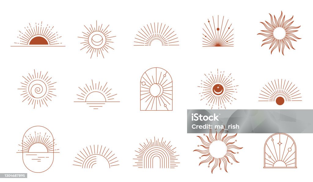 ボヘミアンリニアロゴ、アイコンとシンボル、太陽、円弧、窓デザインテンプレート、装飾のための幾何学的な抽象デザイン要素。 - 太陽のロイヤリティフリーベクトルアート