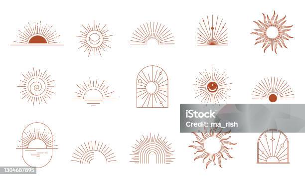 ボヘミアンリニアロゴアイコンとシンボル太陽円弧窓デザインテンプレート装飾のための幾何学的な抽象デザイン要素 - 太陽のベクターアート素材や画像を多数ご用意