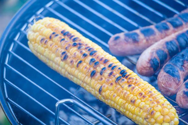 Process cooking fresh yellow corn cobs on barbecue grill outdoors. Picnic, eating outdoors. Metal barbecue grill (brazier)
