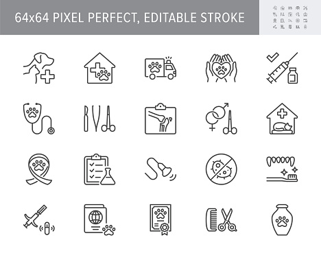 Veterinary line icons. Vector illustration include icon - stethoscope, grooming, , xray, ultrasound, vaccination, sterilization outline pictogram for vet clinic. 64x64 Pixel Perfect, Editable Stroke.