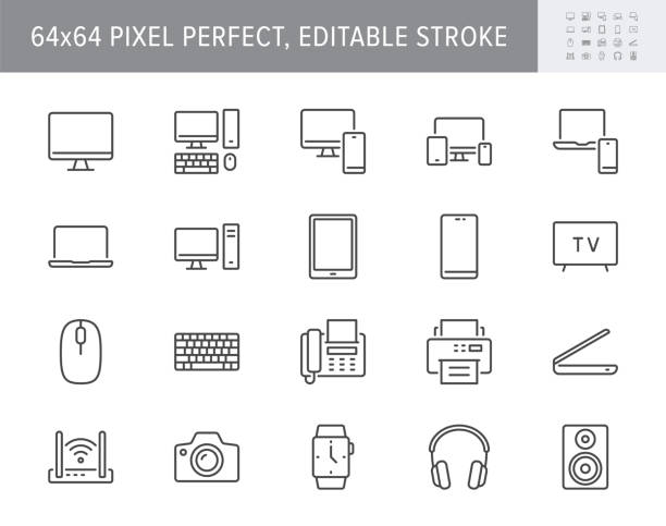 stockillustraties, clipart, cartoons en iconen met de lijnpictogrammen van de technologie. vector illustratie omvatten pictogram - computer, monitor, laptop, mobiele telefoon, router, fax, scanner overzicht pictogram voor elektronische apparatuur. 64x64 pixel perfect, bewerkbare lijn - computer icon