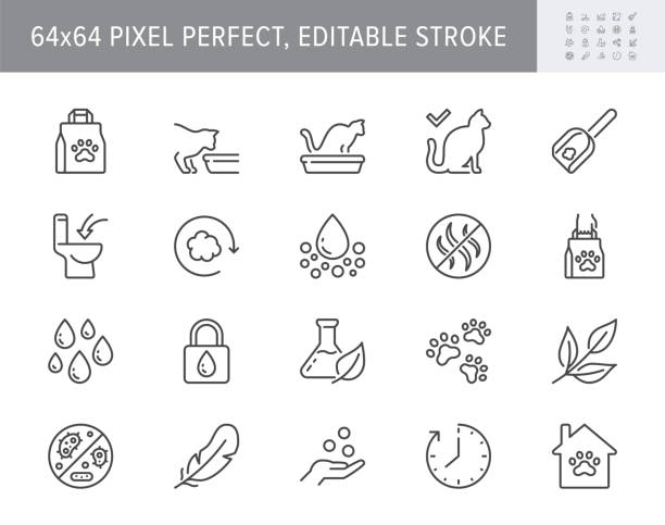 ikon garis sampah kucing. ilustrasi vektor termasuk ikon - kotak pasir, filter baki kucing, tas, biodegradable, pictogram garis besar alami untuk peredam toilet hewan. 64x64 pixel sempurna, stroke yang dapat diedit - kotak kotoran ilustrasi stok